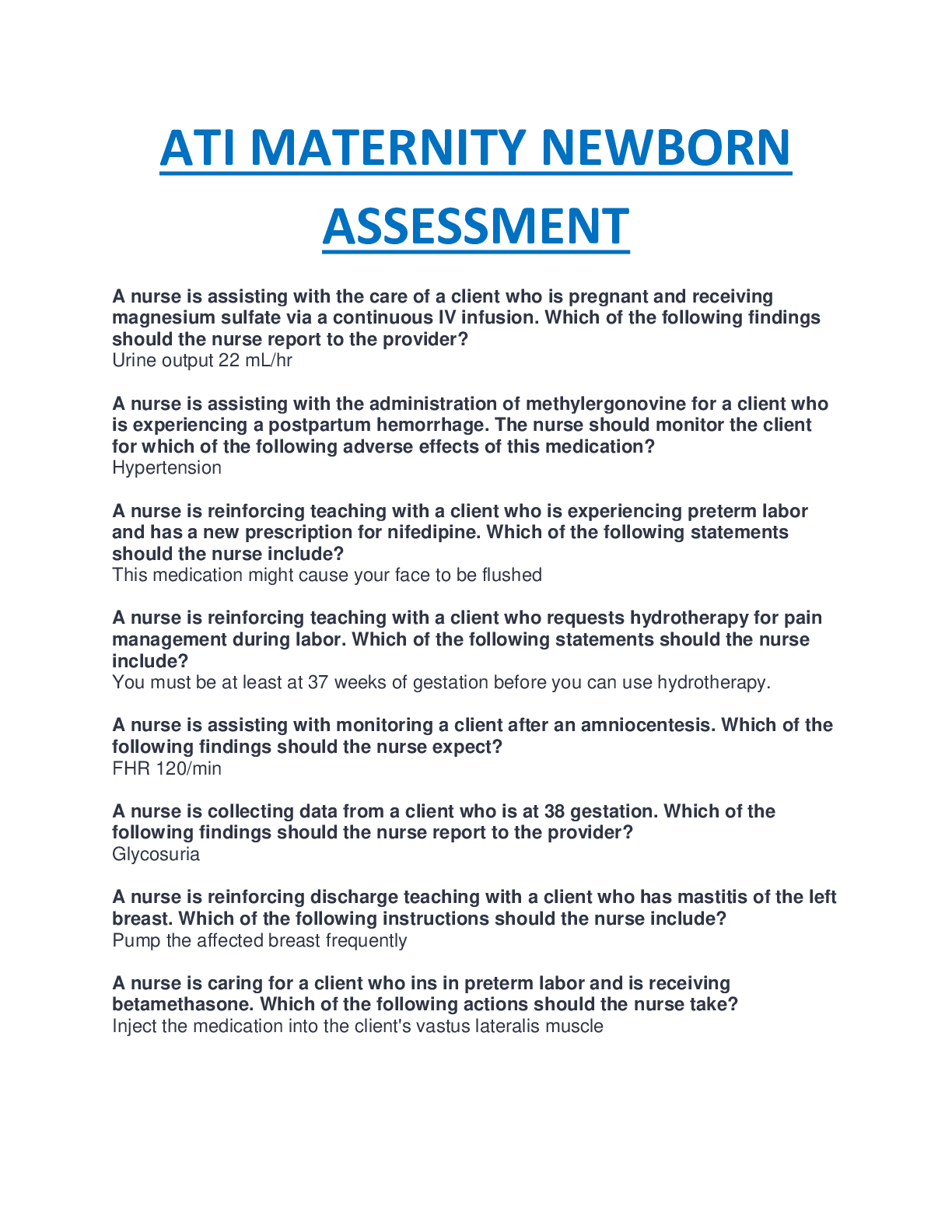 Preview image for ATI MATERNITY NEWBORN EXAM ASESSMENT TEST FOR NURSING SCHOOL STUDENTS COMPLETE GUIDE  SOLUTION.